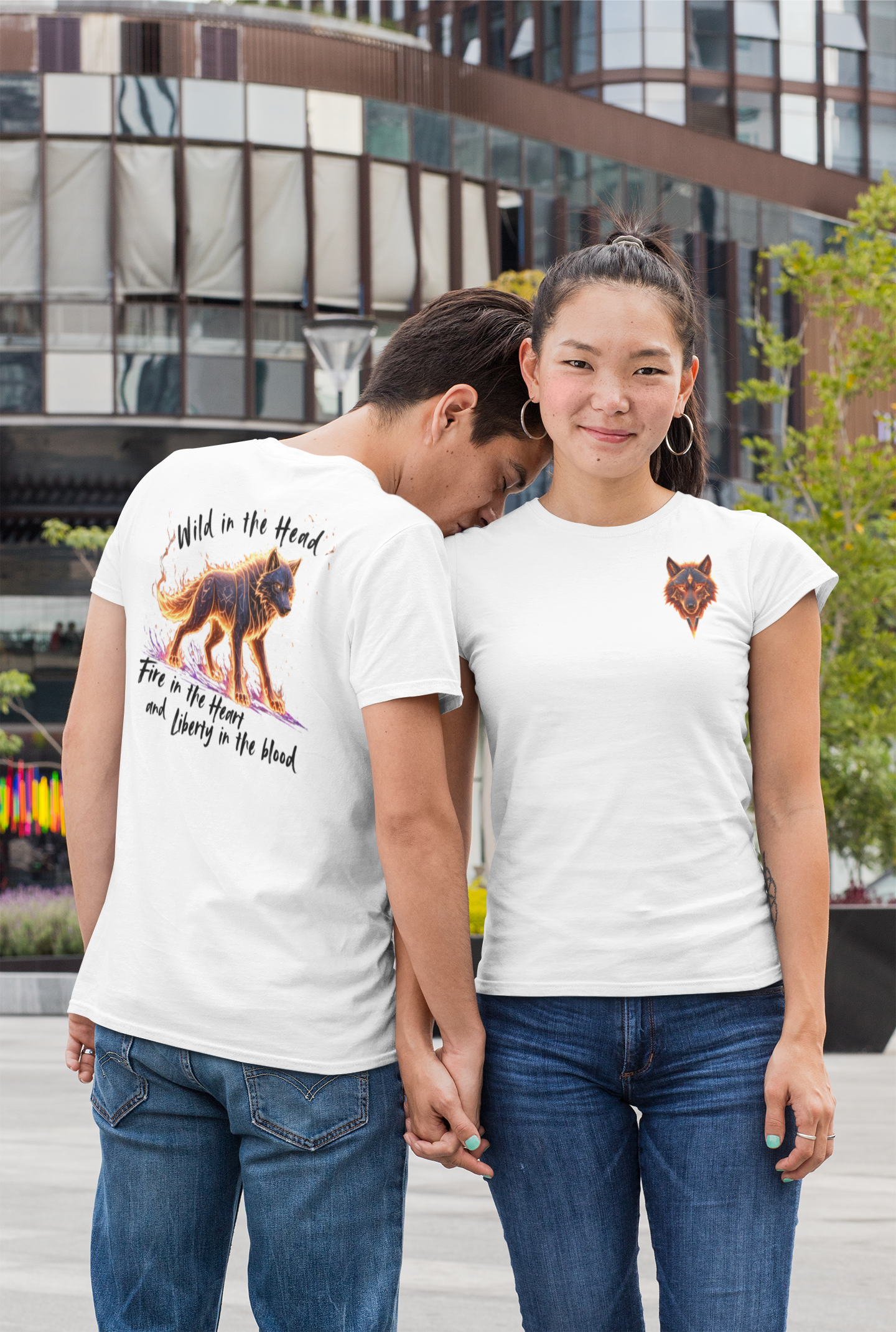 Wolf Wild in the Head Fire in the Heard BS - Unisex Erwachsenen Bio Creator T-Shirt ST/ST SH