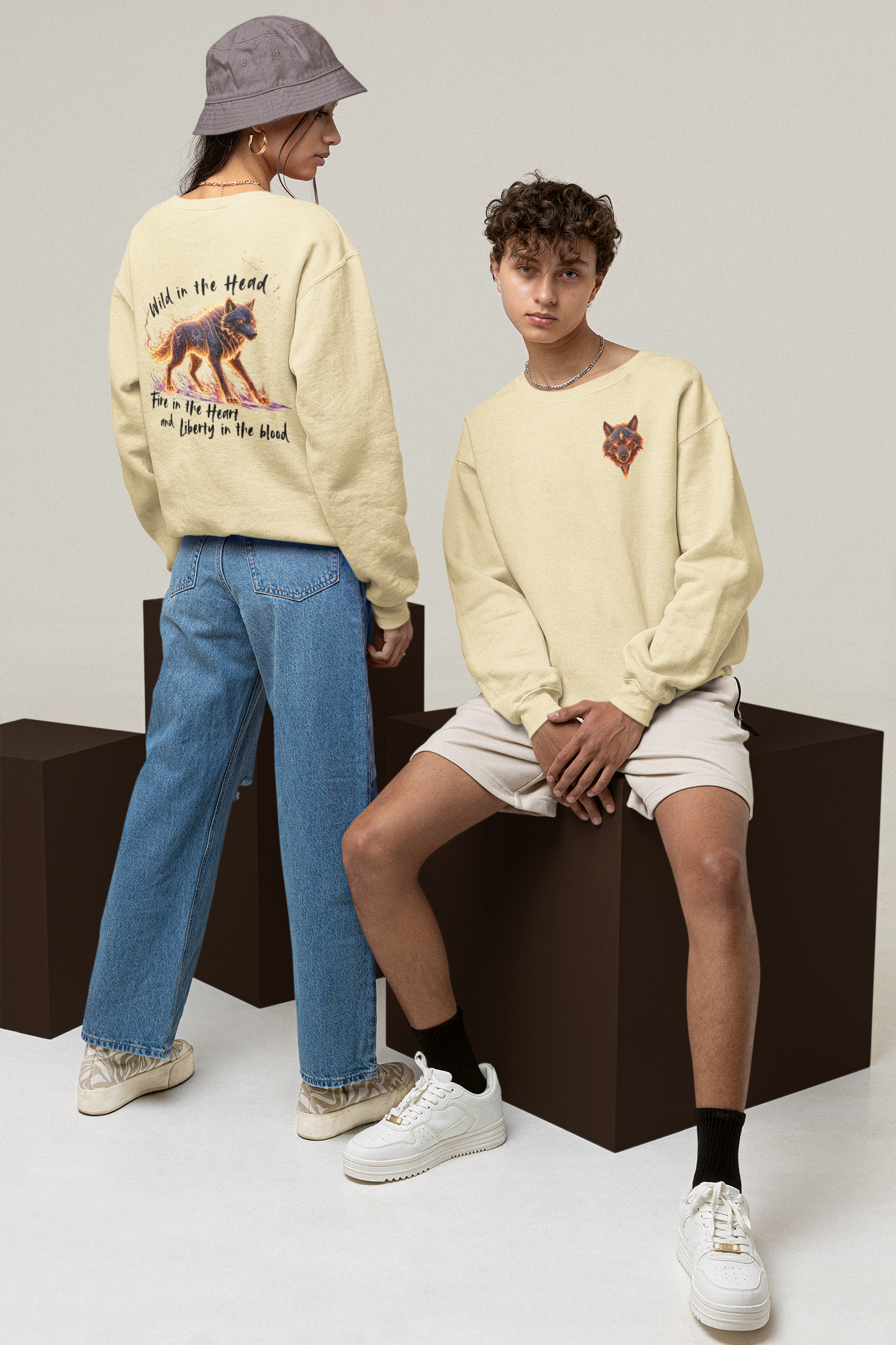 Wolf Wild in the Head Fire in the Heard BS - Unisex Erwachsenen Bio Changer Sweatshirt ST/ST SH