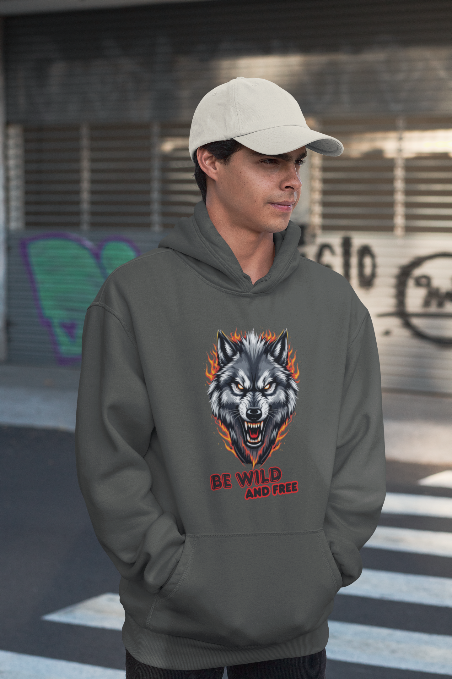 Wolf in Flammen Be Wild and Free - Unisex Erwachsenen Bio Cruiser Hoodie ST/ST SH