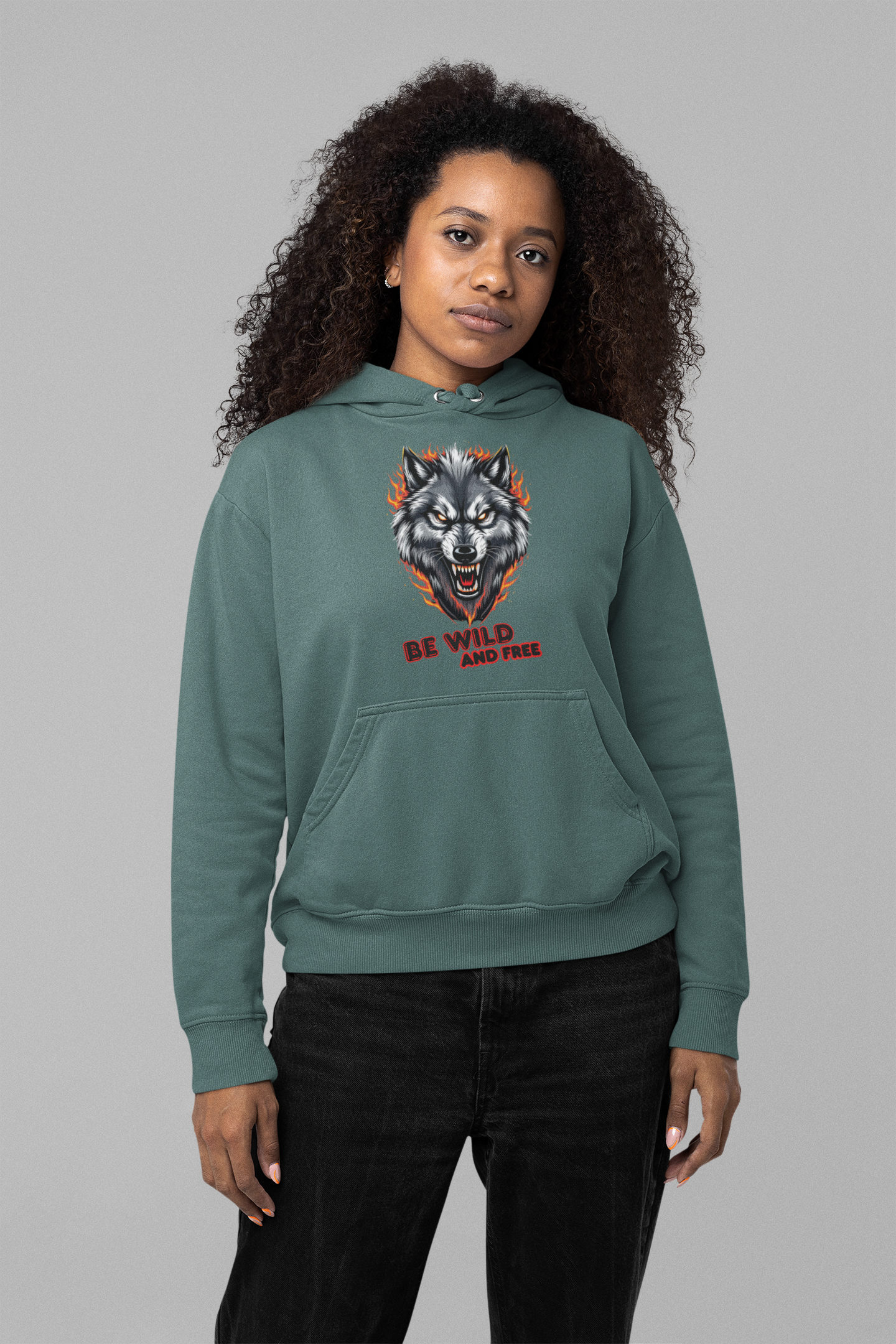 Wolf in Flammen Be Wild and Free - Unisex Erwachsenen Bio Cruiser Hoodie ST/ST SH