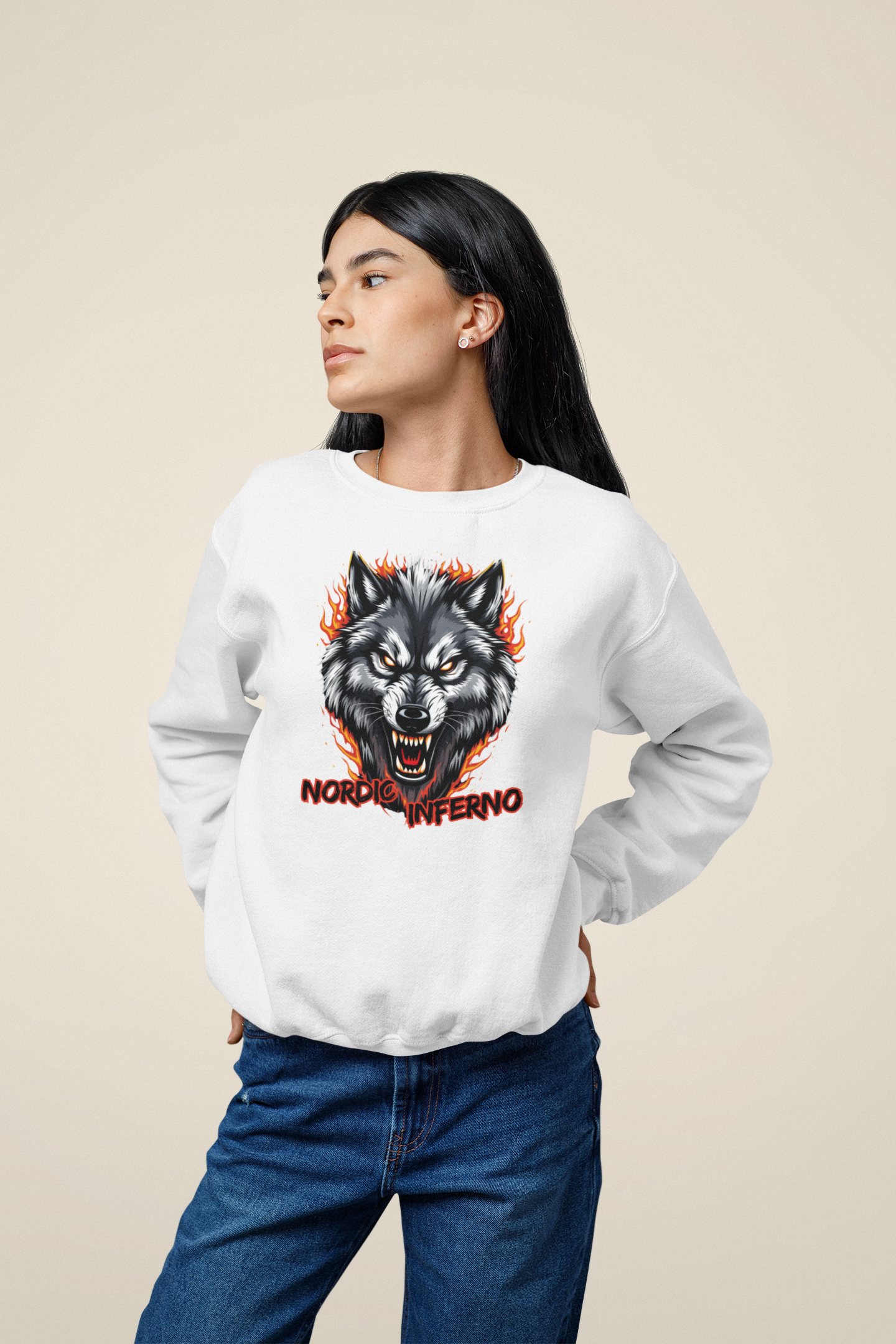 Wolf in Flammen Nordic Inferno - Unisex Erwachsenen Bio Changer Sweatshirt ST/ST SH