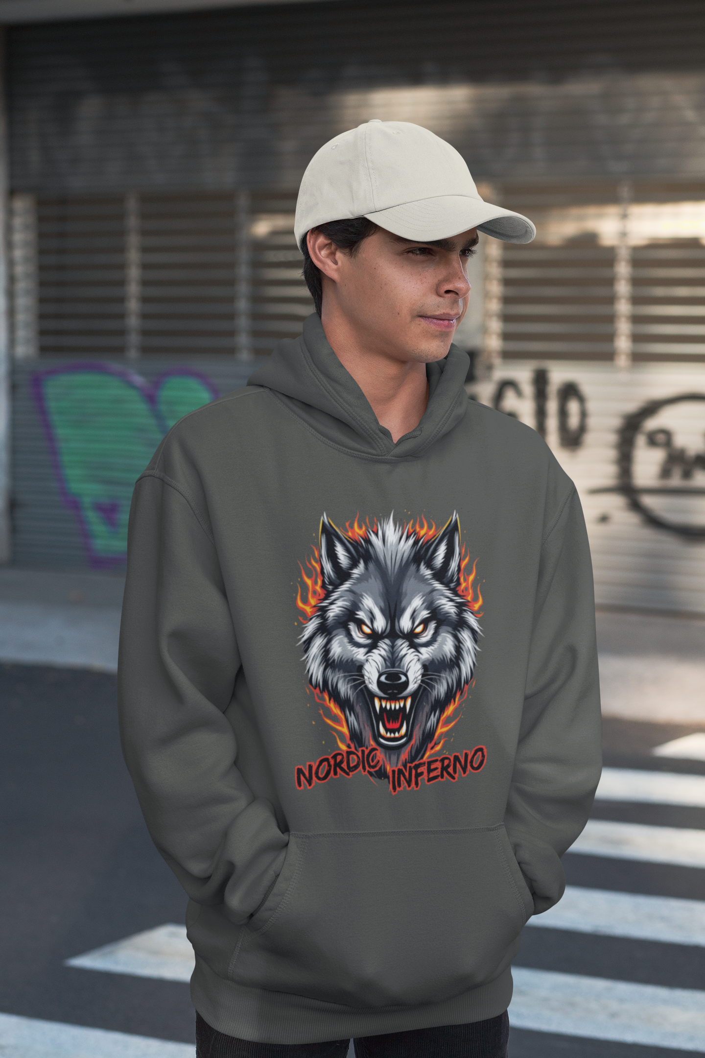 Wolf in Flammen Nordic Inferno - Unisex Erwachsenen Bio Organic Cruiser Hoodie 2.0 ST/ST