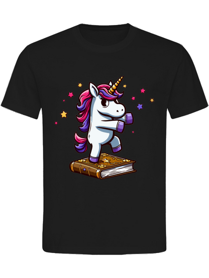 Camiseta de algodón pesado Unicornio bailando sobre un libro
