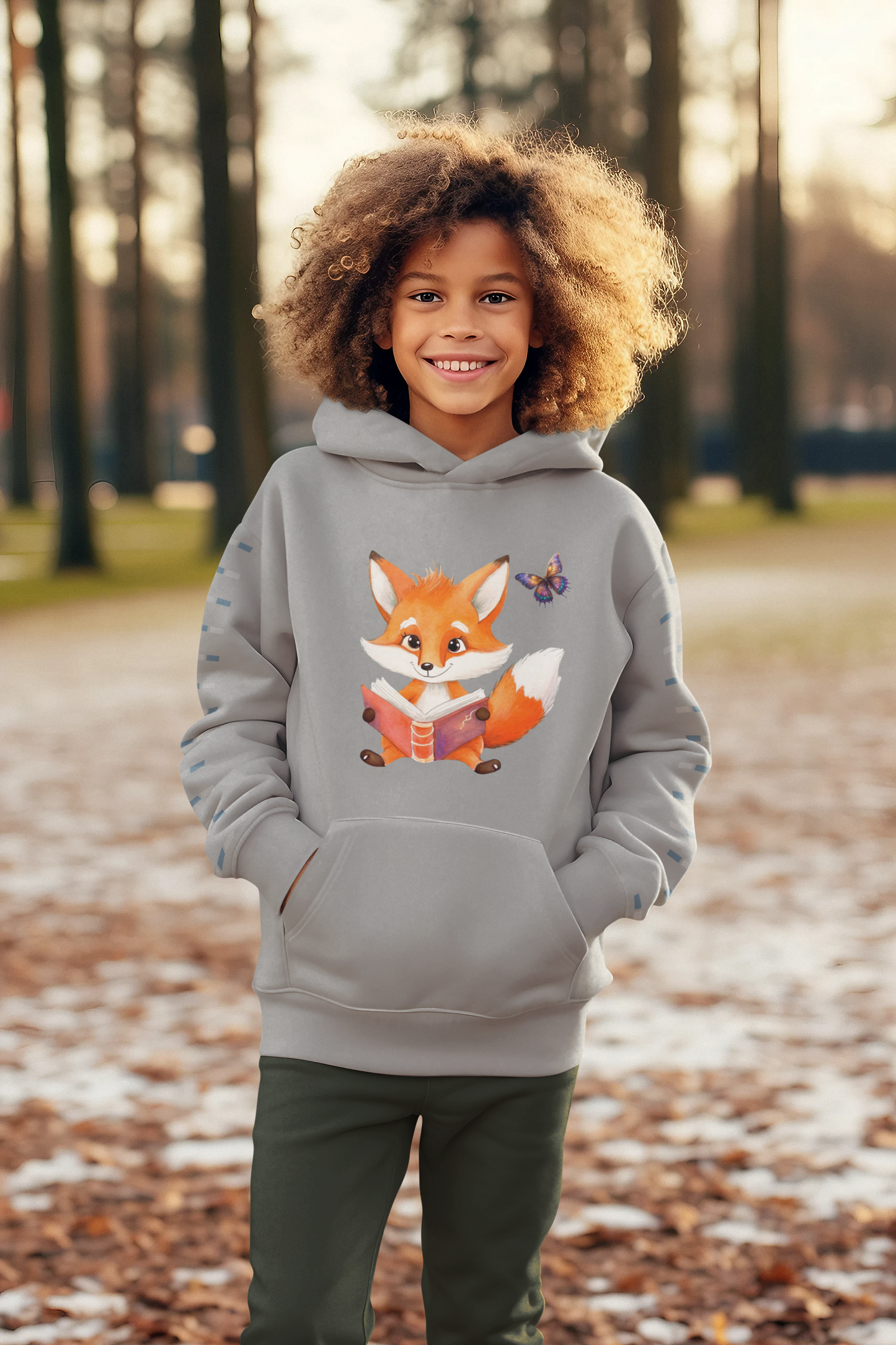 Sudadera con capucha premium para niños Zorro con mariposa