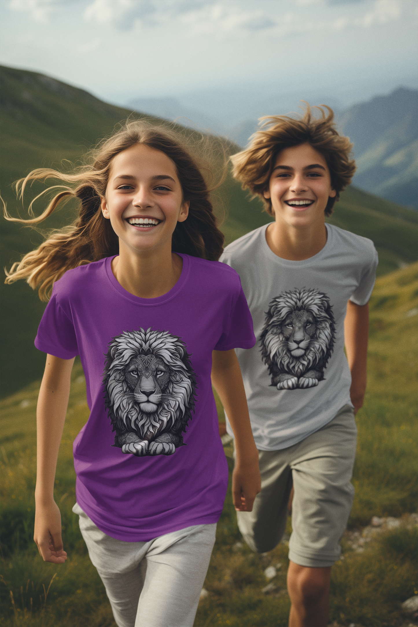 T-shirt kids mandala lion head in gray