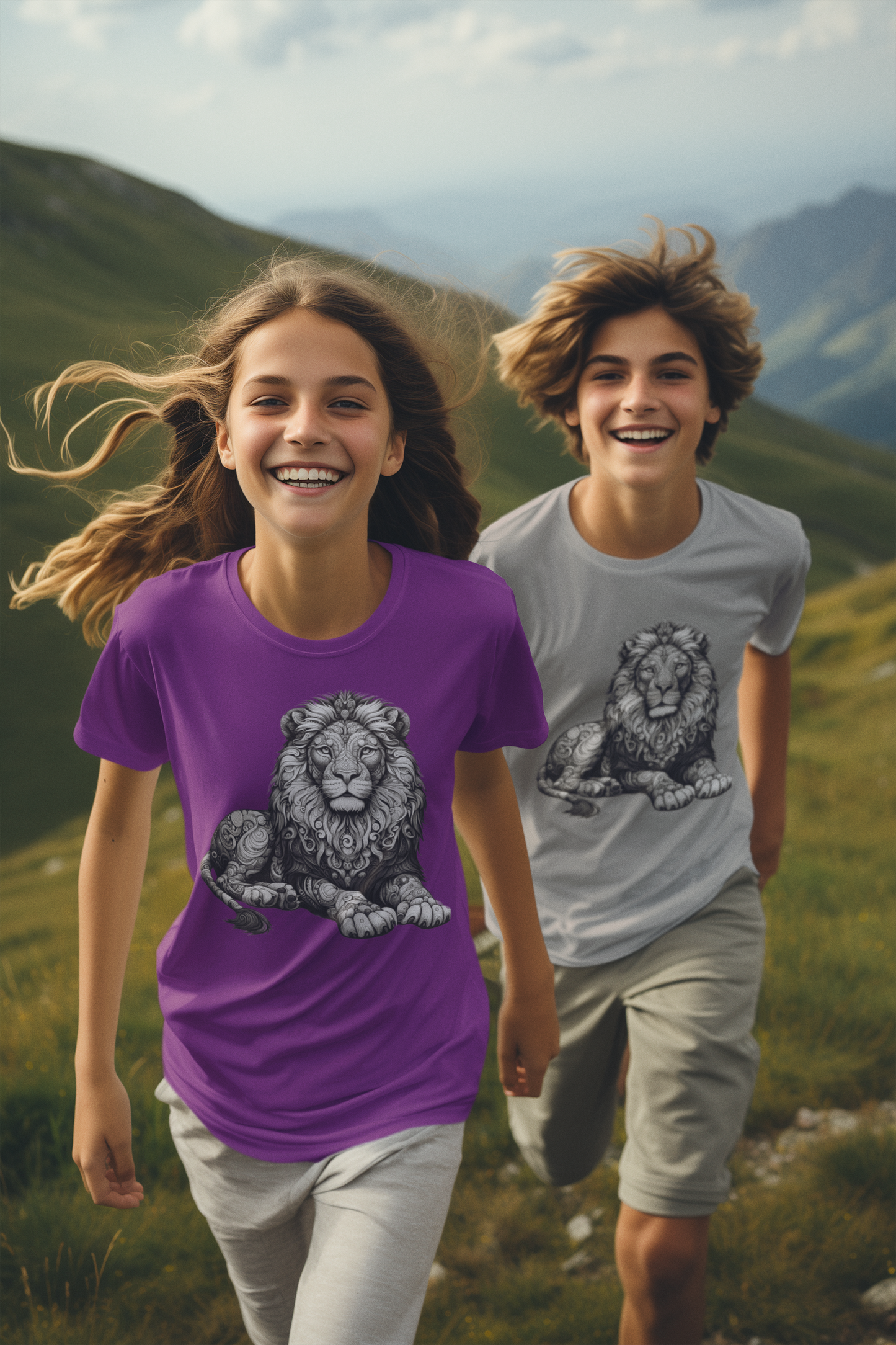 T-shirt kids mandala lion in gray