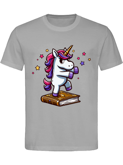 Camiseta de algodón pesado Unicornio bailando sobre un libro