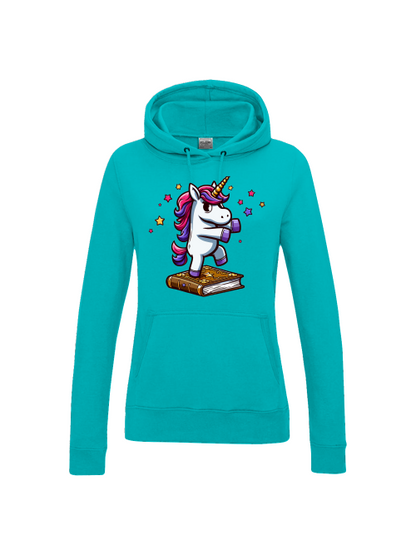 Girlie College Sudadera con capucha Unicornio baila en libro