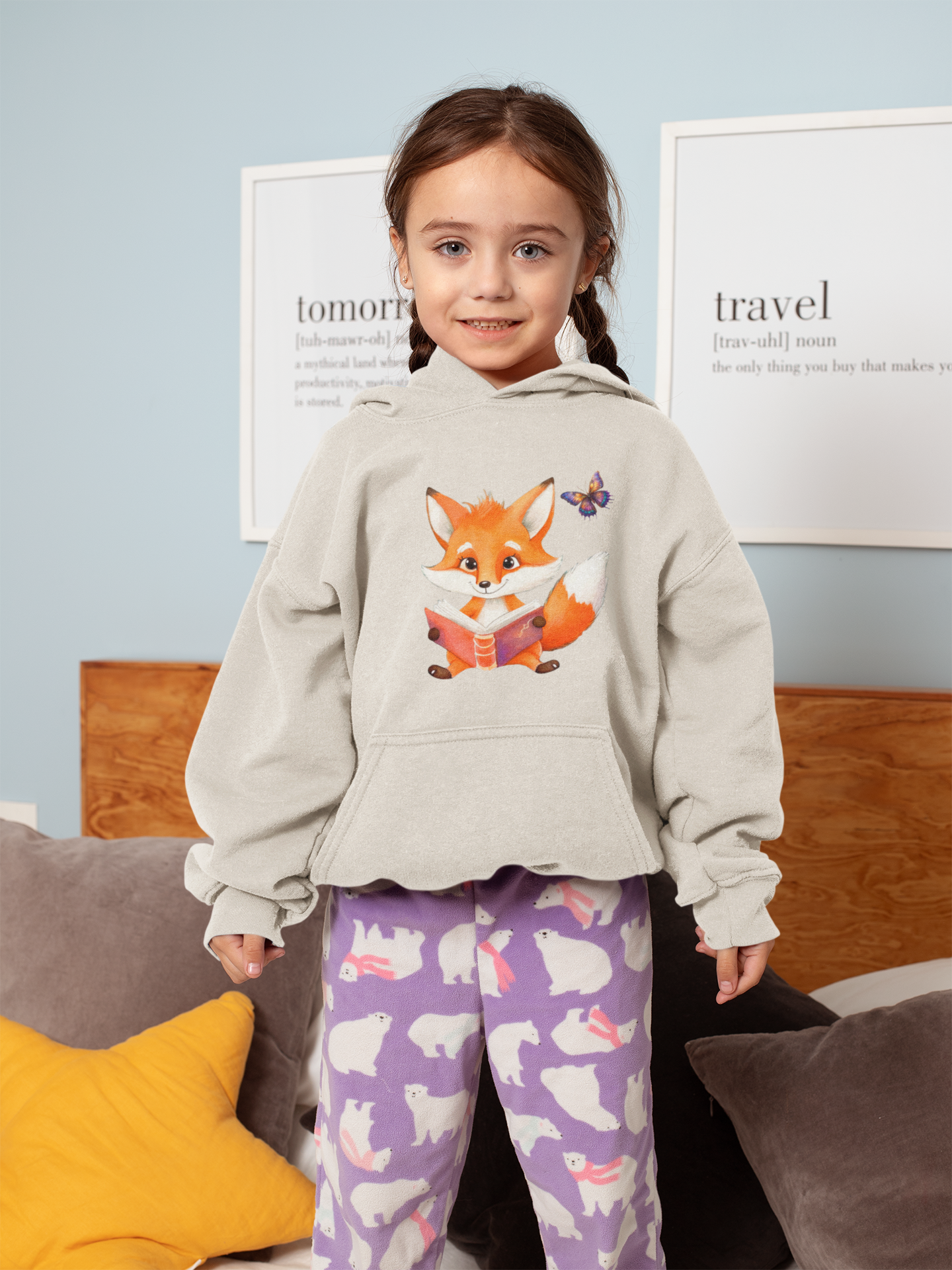 Sudadera con capucha premium para niños Zorro con mariposa