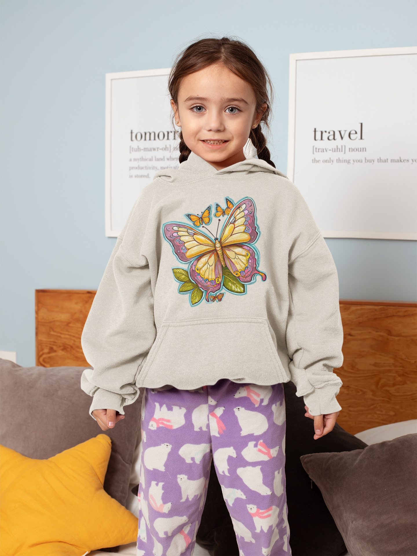 Sudadera con capucha premium para niños con aura pintada de mariposa