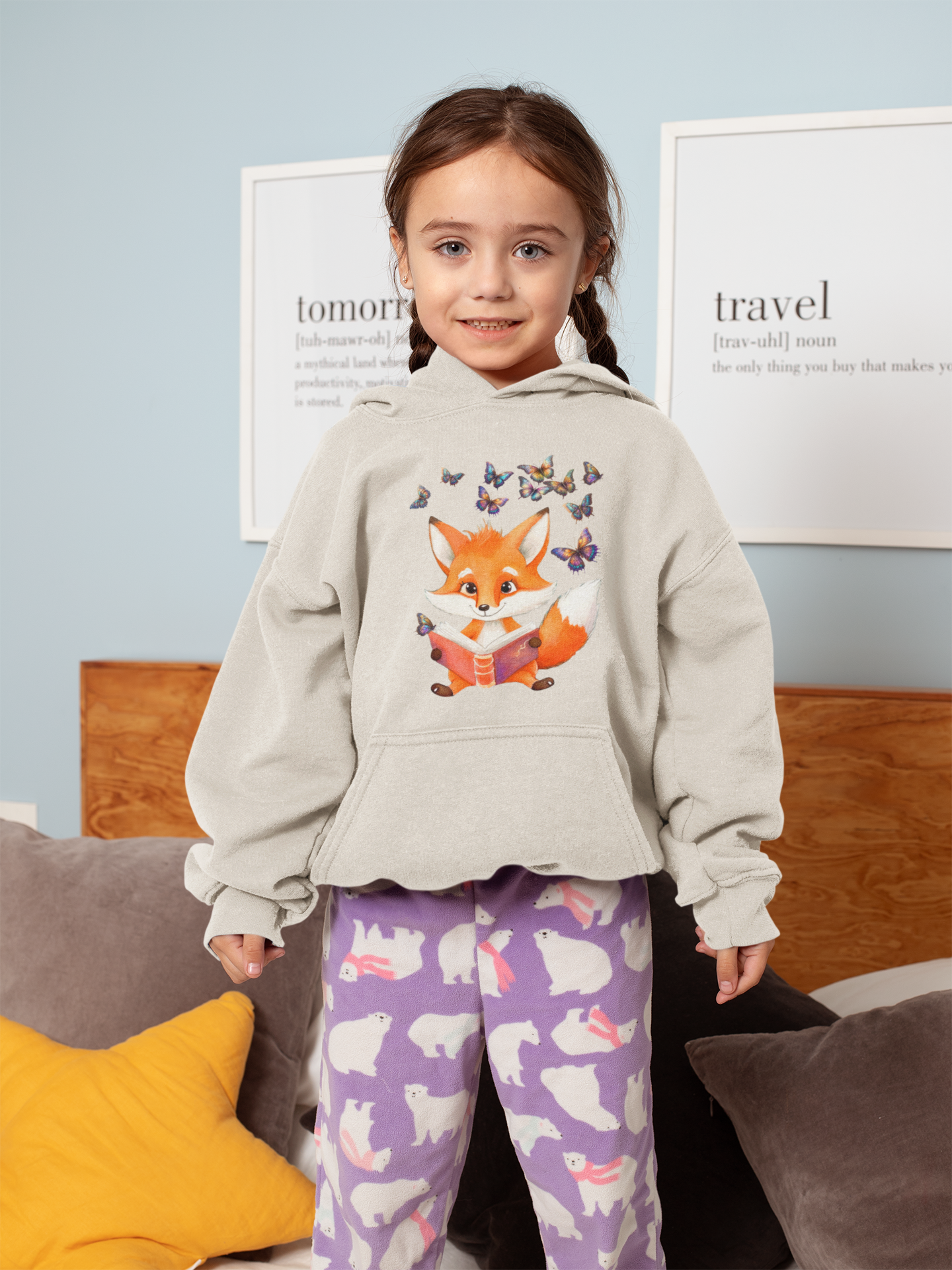 Sudadera con capucha premium para niños Zorro con grupo de mariposas