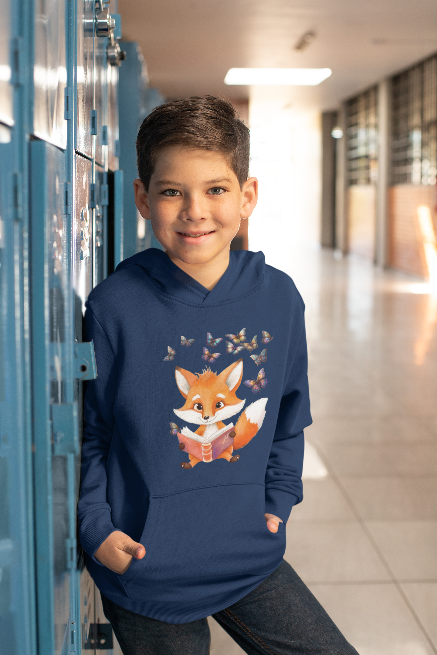 Sudadera con capucha premium para niños Zorro con grupo de mariposas