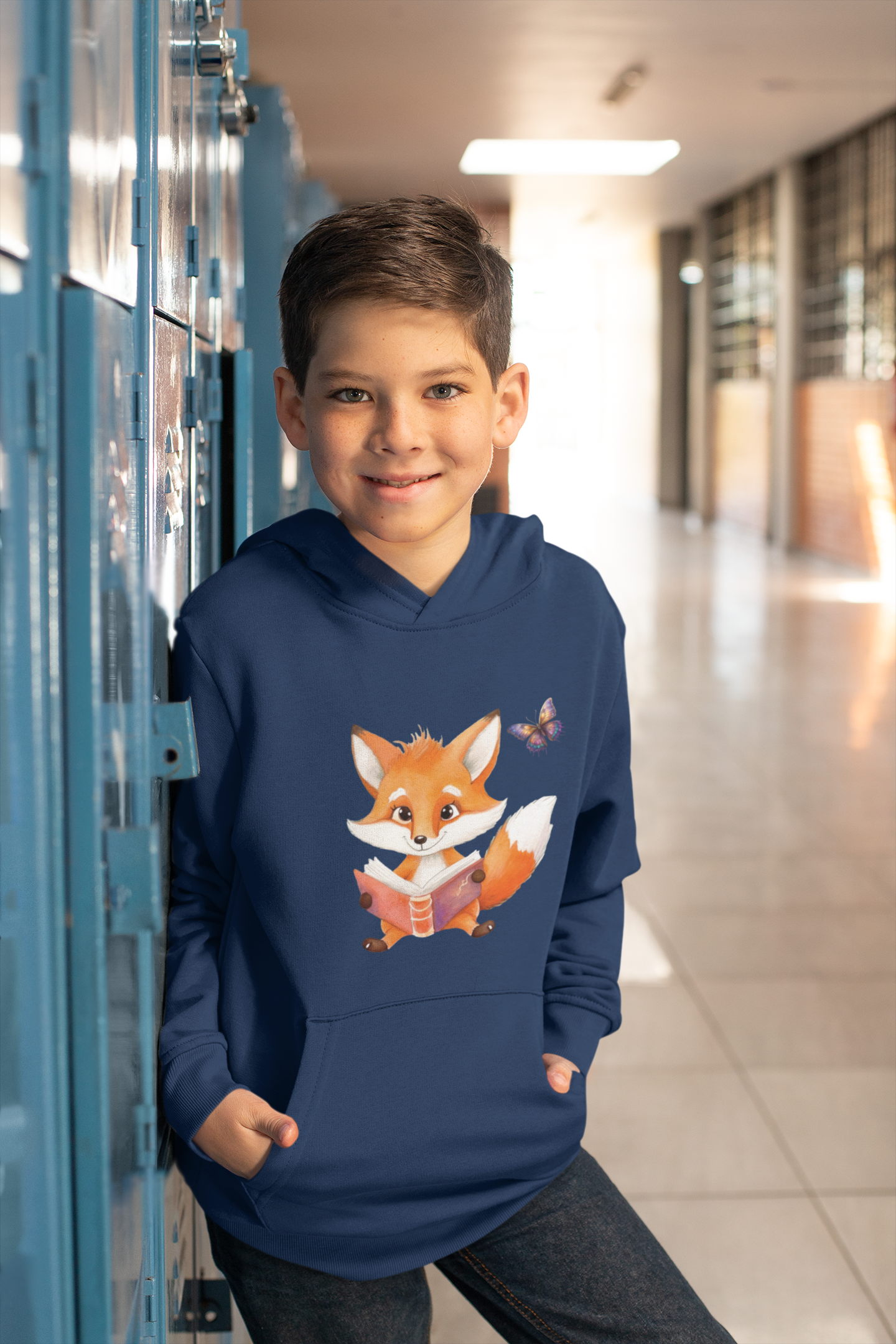 Sudadera con capucha premium para niños Zorro con mariposa