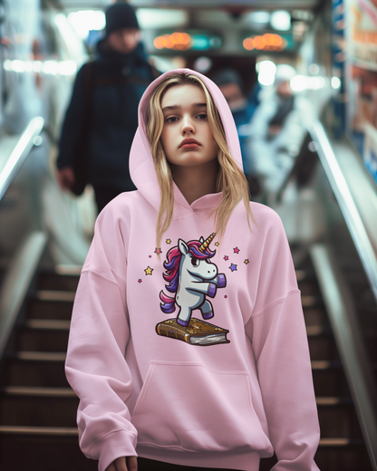 Girlie College Sudadera con capucha Unicornio baila en libro