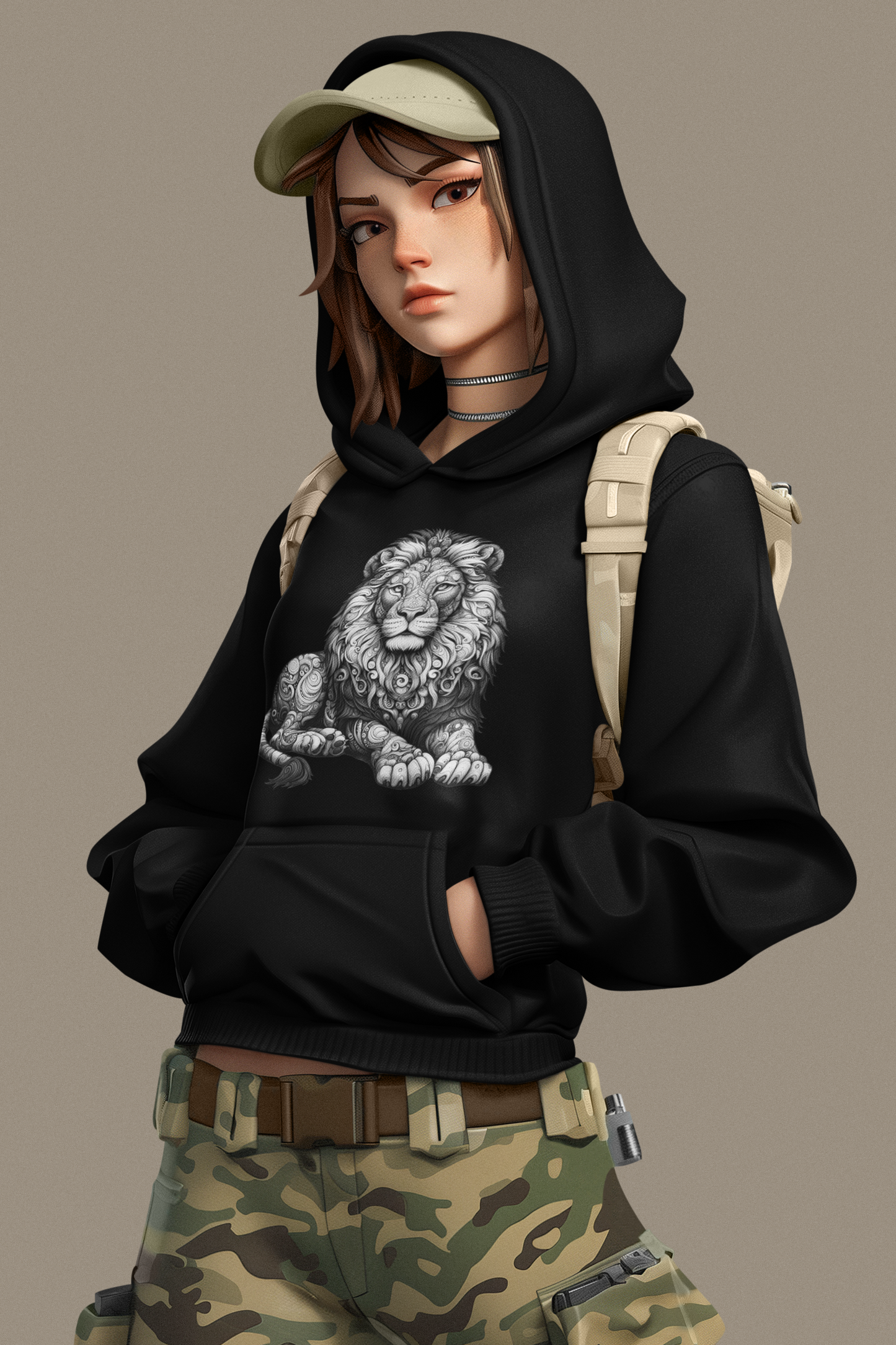 Cruiser hoodie mandala lion in gray