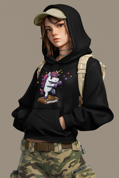 Girlie College Sudadera con capucha Unicornio baila en libro