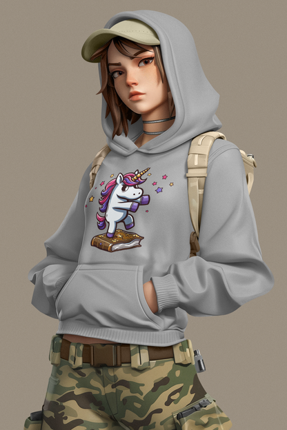 Girlie College Sudadera con capucha Unicornio baila en libro