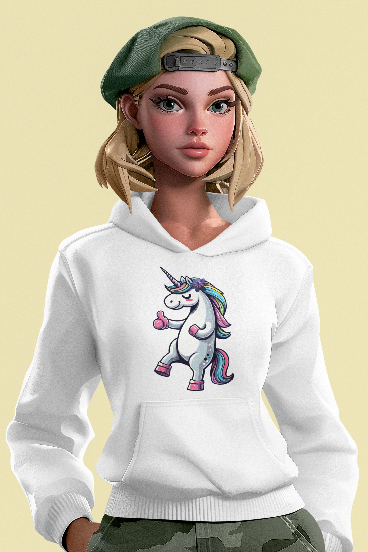 Girlie college hoodie unicorn with thumbs up