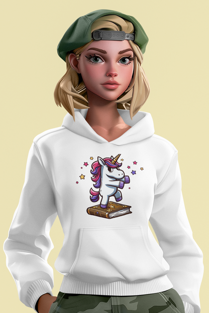 Girlie College Sudadera con capucha Unicornio baila en libro