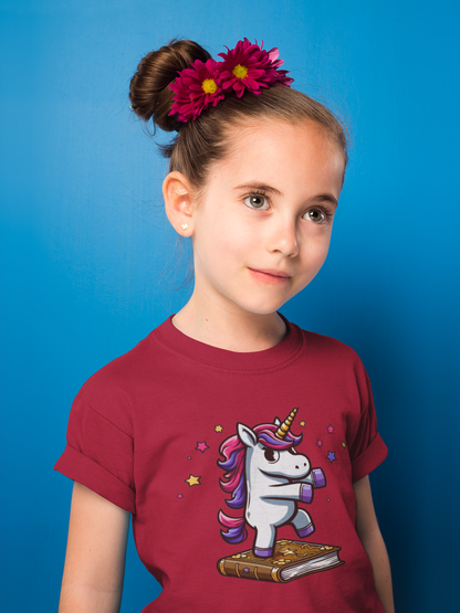 Camiseta infantil SK con unicornio bailando sobre un libro