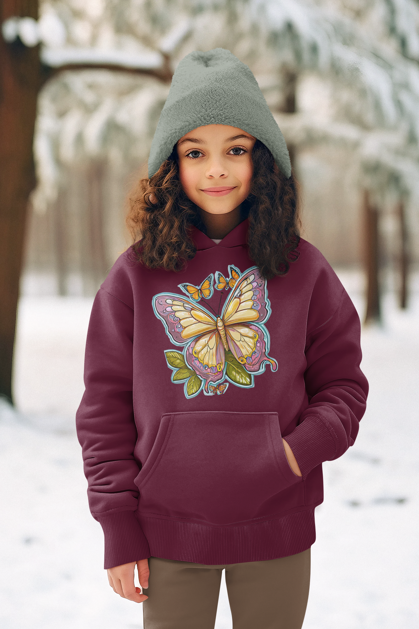 Sudadera con capucha premium para niños con aura pintada de mariposa