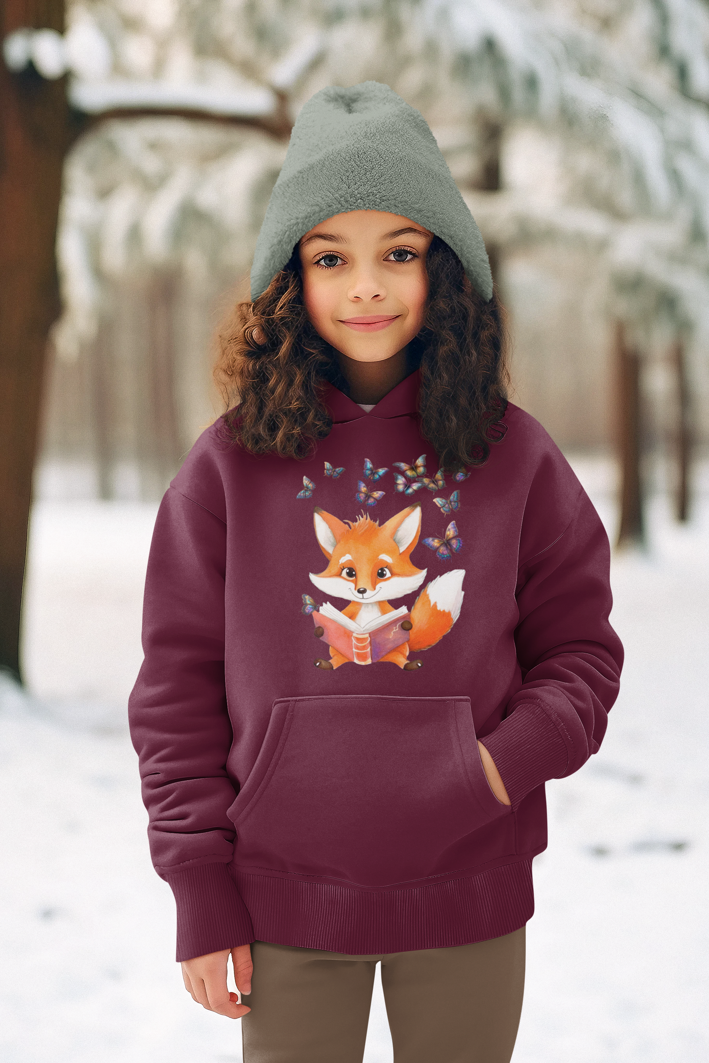 Sudadera con capucha premium para niños Zorro con grupo de mariposas