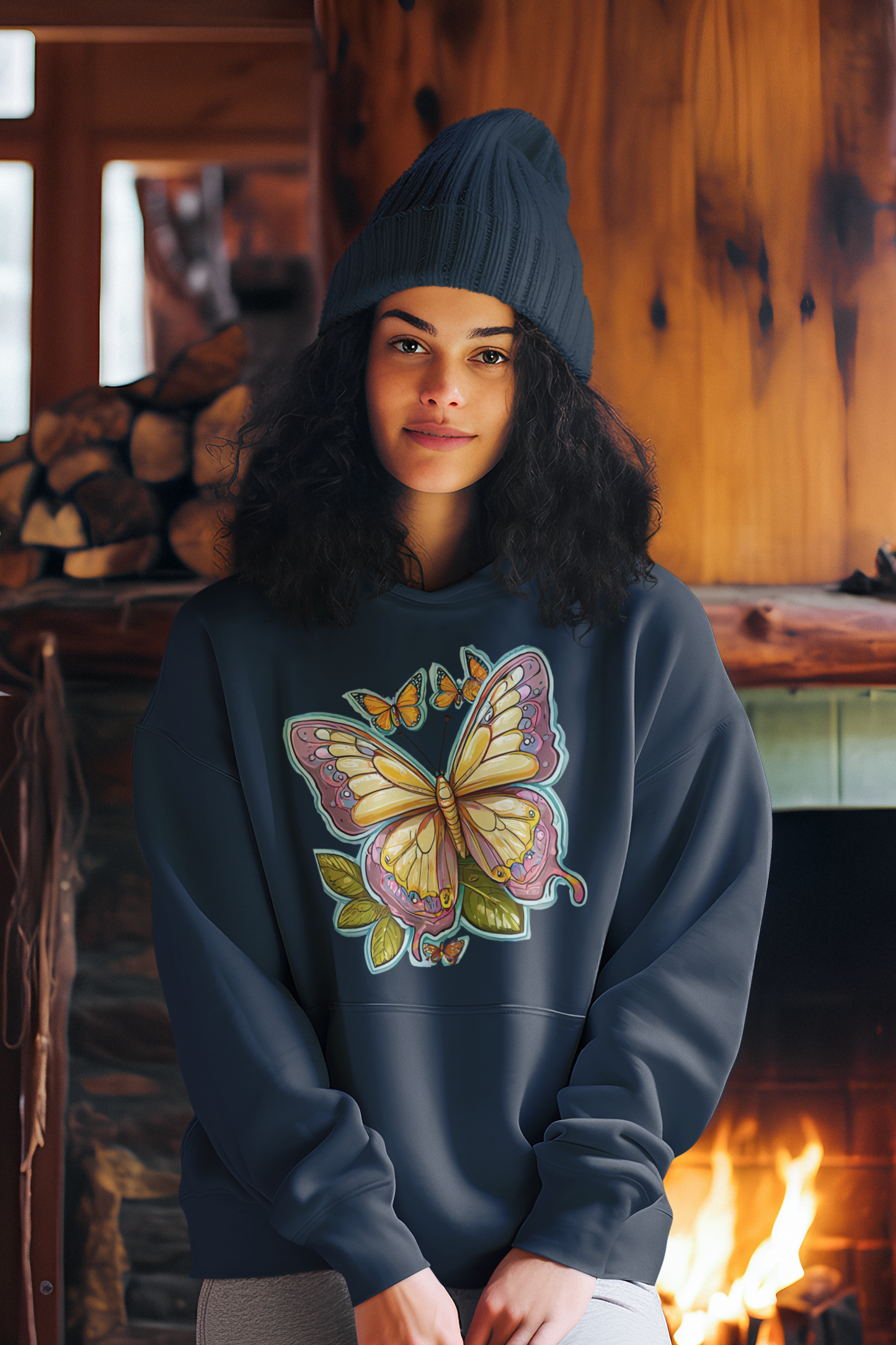 Sudadera con capucha premium para niños con aura pintada de mariposa