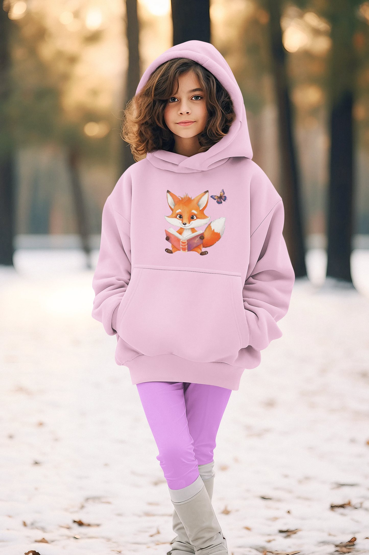 Sudadera con capucha premium para niños Zorro con mariposa