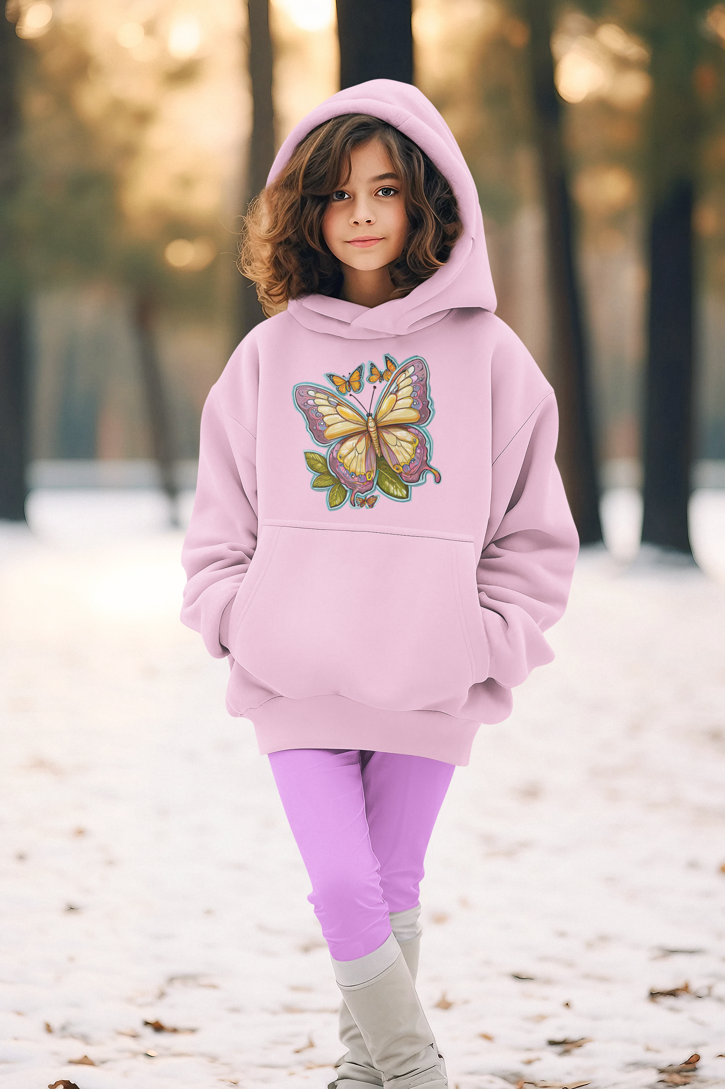 Sudadera con capucha premium para niños con aura pintada de mariposa