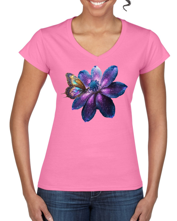 Ladies Softstyle V-Neck T-Shirt Partner Shirt Gallaxie Flower with Butterfly