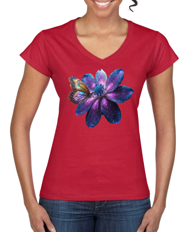 Ladies Softstyle V-Neck T-Shirt Partner Shirt Gallaxie Flower with Butterfly