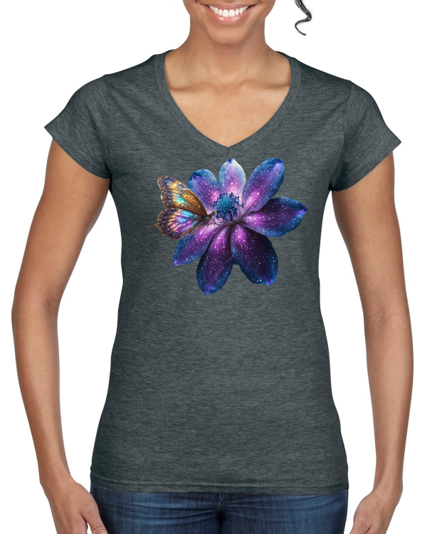 Ladies Softstyle V-Neck T-Shirt Partner Shirt Gallaxie Flower with Butterfly