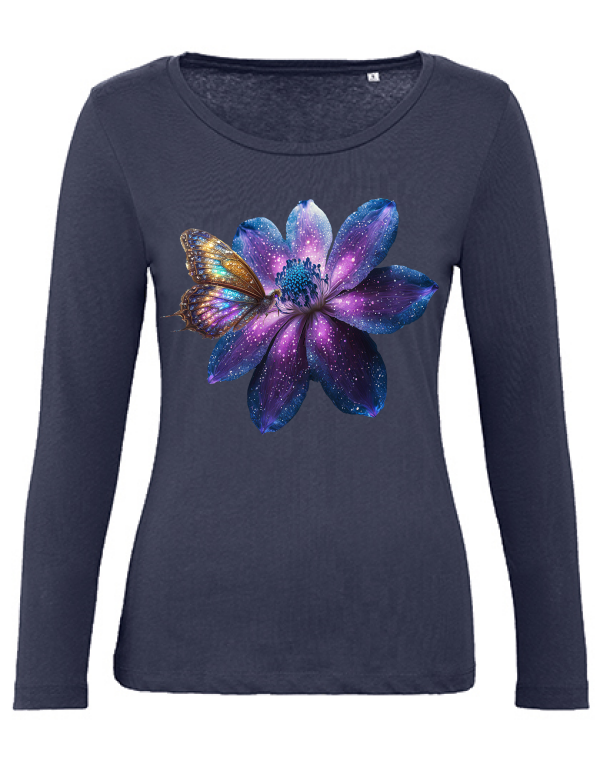 Organic Inspire women Partnershirt Gallaxieblume mit Schmetterling