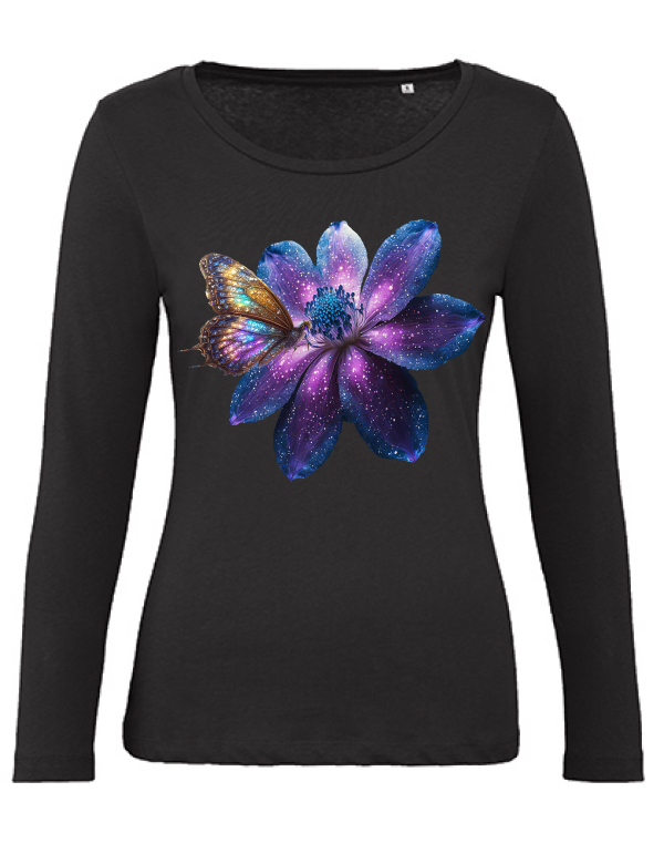 Organic Inspire women Partnershirt Gallaxieblume mit Schmetterling