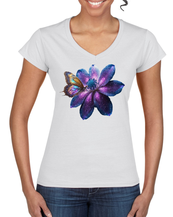 Ladies Softstyle V-Neck T-Shirt Partner Shirt Gallaxie Flower with Butterfly