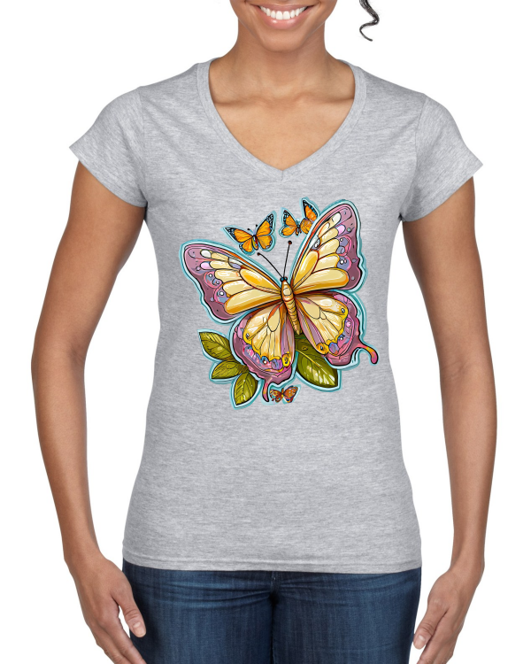 Ladies Softstyle V-Neck T-Shirt Partner Shirt Butterfly painted with aura