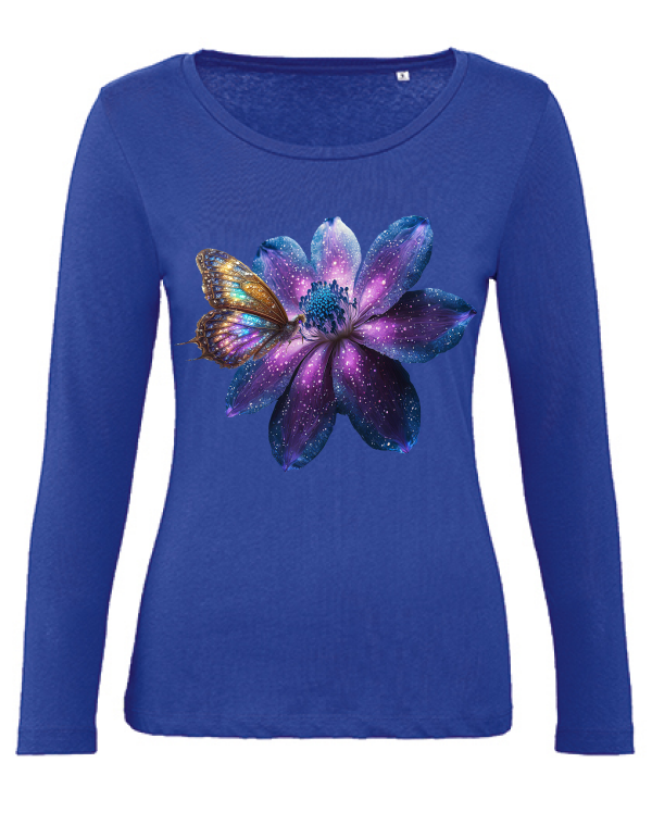 Organic Inspire women Partnershirt Gallaxieblume mit Schmetterling