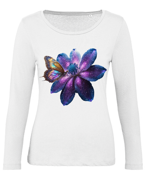 Organic Inspire women Partnershirt Gallaxieblume mit Schmetterling