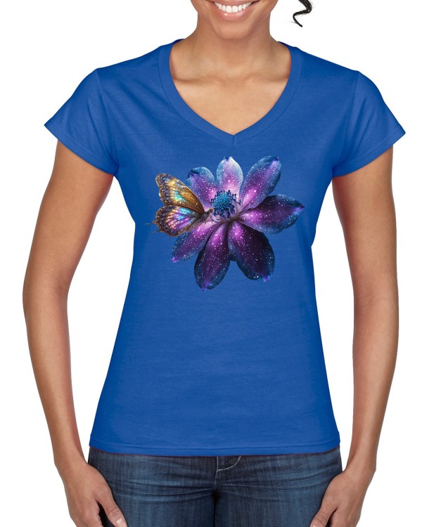 Ladies Softstyle V-Neck T-Shirt Partner Shirt Gallaxie Flower with Butterfly