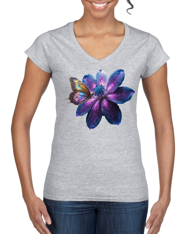 Ladies Softstyle V-Neck T-Shirt Partner Shirt Gallaxie Flower with Butterfly