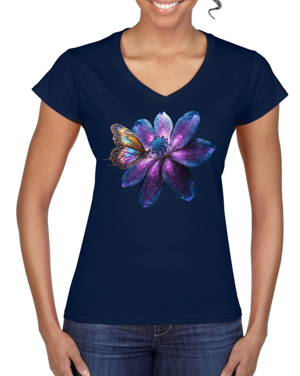 Ladies Softstyle V-Neck T-Shirt Partner Shirt Gallaxie Flower with Butterfly