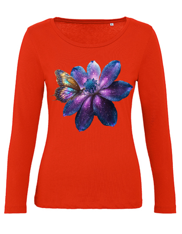 Organic Inspire women Partnershirt Gallaxieblume mit Schmetterling