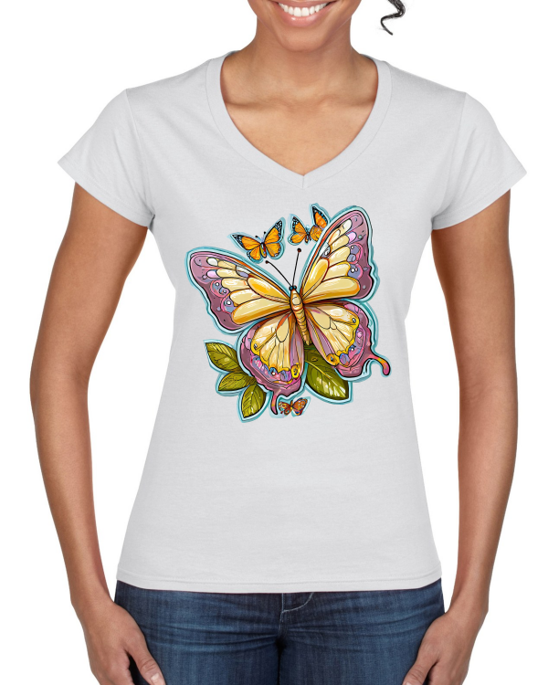 Ladies Softstyle V-Neck T-Shirt Partner Shirt Butterfly painted with aura