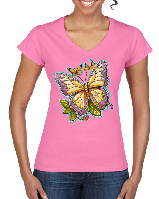 Ladies Softstyle V-Neck T-Shirt Partner Shirt Butterfly painted with aura